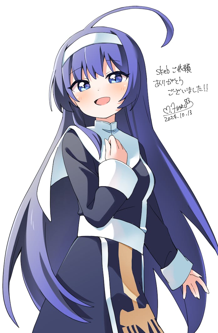 1girl :d ahoge black_dress blue_eyes blue_hair blush commentary_request commission cowboy_shot dot_nose dress hairband hand_on_own_chest haru_(konomi_150) huge_ahoge long_hair long_sleeves looking_at_viewer open_mouth orie_ballardiae_harada simple_background skeb_commission smile solo under_night_in-birth white_background white_hairband