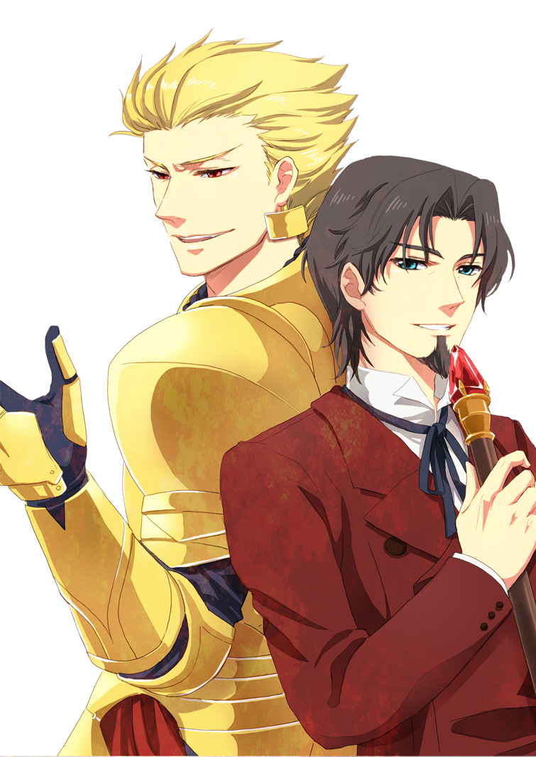 2boys armor bad_id bad_pixiv_id blonde_hair blue_eyes brown_hair cane earrings facial_hair fate/zero fate_(series) formal_clothes gilgamesh_(fate) goatee hachi_(gaoo) jewelry male_focus multiple_boys red_eyes ribbon simple_background staff suit tohsaka_tokiomi white_background