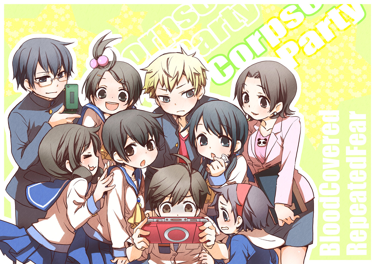 3boys 6+girls :3 alba_(ep) black_eyes black_hair blonde_hair book brown_eyes brown_hair cellphone corpse_party curly_hair earrings closed_eyes glasses hair_bobbles hair_ornament hairband hairclip hairpin handheld_game_console headband jewelry kishinuma_yoshiki long_hair mochida_satoshi mochida_yuka morishige_sakutarou multiple_boys multiple_girls nakashima_naomi necklace open_mouth phone playstation_portable ponytail school_uniform serafuku shinohara_seiko shinozaki_ayumi shishido_yui short_hair smile suzumoto_mayu tears twintails