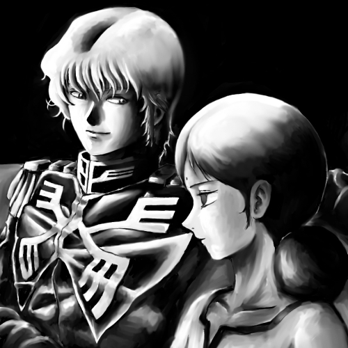 1boy 1girl char_aznable gundam lalah_sune lowres matirine military military_uniform mobile_suit_gundam monochrome
