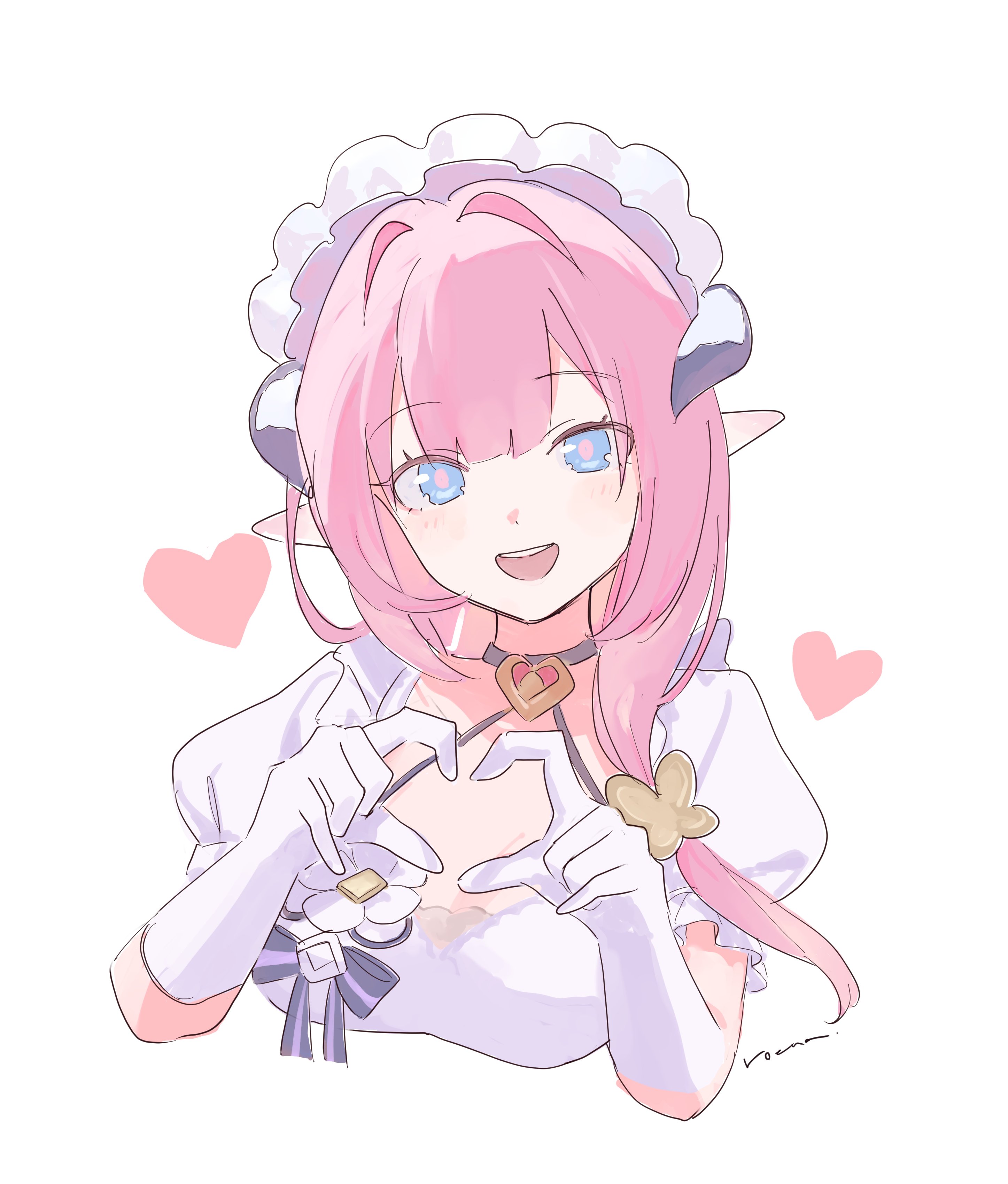 1girl four-finger_heart_hands absurdres artist_name black_choker blue_eyes breasts butterfly_hair_ornament choker cleavage elbow_gloves elf elysia_(honkai_impact) elysia_(miss_pink)_(honkai_impact) elysia_(miss_pink_elf)_(honkai_impact) fake_horns gloves hair_between_eyes hair_ornament hashtag-only_commentary heart heart_hands highres honkai_(series) honkai_impact_3rd horns long_hair looking_at_viewer maid maid_headdress pink_hair pink_pupils pointy_ears puffy_short_sleeves puffy_sleeves roena short_sleeves simple_background upper_body white_background white_gloves