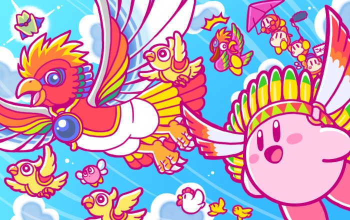 beanie bird birdon_(kirby) blue_sky blush_stickers bow bowtie bronto_burt chick chicken cloud copy_ability dyna_blade dyna_chick flying hang_gliding hat headphones helmet kirby kirby_(series) looking_at_another microphone nintendo official_art open_mouth pilot_helmet sky smile starman_(kirby) tookey twizzy waddle_dee wing_kirby