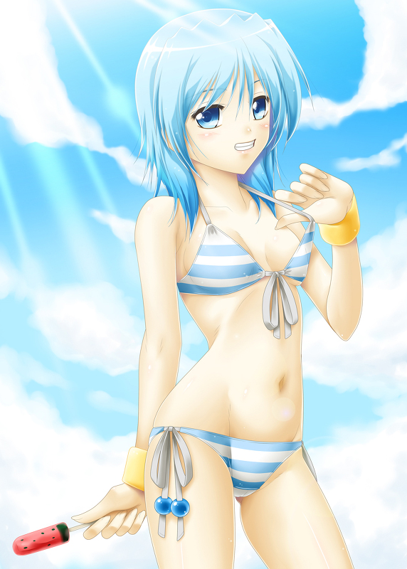 00s 1girl ayato bad_id bad_pixiv_id bikini blue_eyes blue_hair female_focus food front-tie_top grin light_rays lyrical_nanoha mahou_shoujo_lyrical_nanoha mahou_shoujo_lyrical_nanoha_strikers matching_hair/eyes navel numbers_(nanoha) outdoors popsicle sein_(nanoha) short_hair sky smile solo striped_bikini striped_clothes sunbeam sunlight swimsuit teeth watermelon_bar