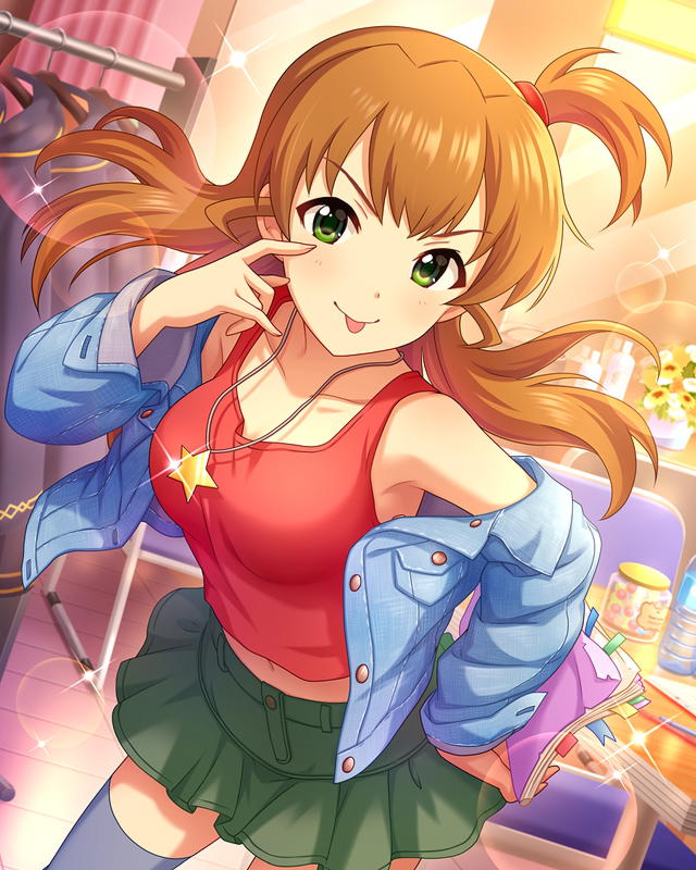 1girl brown_hair card_(medium) flower green_eyes idolmaster idolmaster_cinderella_girls idolmaster_dearly_stars jacket jewelry navel necklace official_art sakurai_yumeko skirt solo star_(symbol) table thighhighs tongue tongue_out