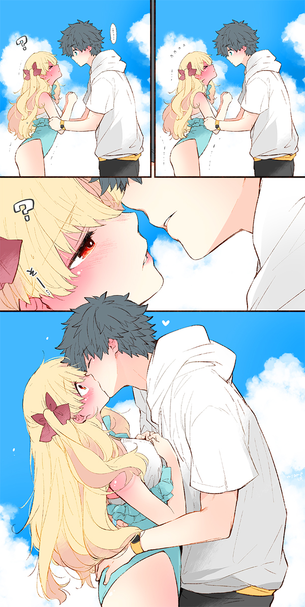 ... 1boy 1girl ? azumi_(myameco) black_hair blonde_hair blue_eyes blue_sky blush cloud day ereshkigal_(fate) fate/grand_order fate_(series) fujimaru_ritsuka_(male) fujimaru_ritsuka_(male)_(summer_street) hair_ribbon heart hetero jacket kiss long_hair looking_at_another one-piece_swimsuit outdoors red_eyes red_ribbon ribbon short_hair sky space_ereshkigal_(fate) space_ereshkigal_(first_ascension)_(fate) spoken_ellipsis swimsuit white_jacket