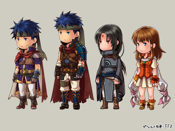 1girl 3boys armor black_hair blue_eyes blue_hair brown_hair cape commentary_request deformed dual_persona facial_mark final_fantasy final_fantasy_iii fire_emblem fire_emblem:_path_of_radiance fire_emblem:_radiant_dawn forehead_mark full_body hair_tubes headband ike_(fire_emblem) kobashi_(hodohodo) long_hair mist_(fire_emblem) mist_(radiant_dawn)_(fire_emblem) multiple_boys nintendo pauldrons red_eyes short_hair shoulder_armor simple_background single_pauldron skirt soren_(fire_emblem) standing translation_request