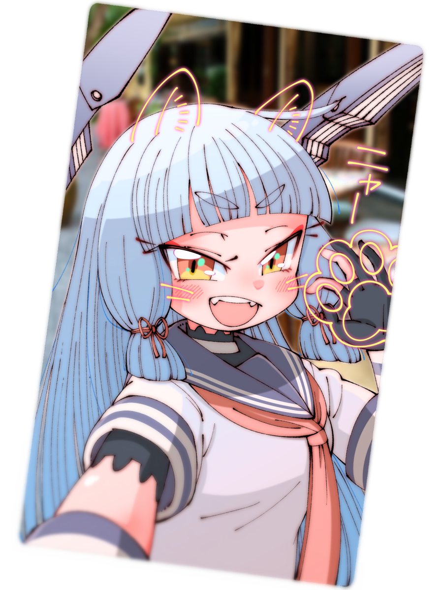 1girl black_gloves blue_eyes blue_sailor_collar blunt_bangs blunt_sidelocks blunt_tresses blurry blurry_background dress elbow_gloves fake_photograph floating_headgear gloves hair_ribbon headgear highres kantai_collection murakumo_(kancolle) necktie orange_eyes red_necktie ribbon sailor_collar sailor_dress selfie shin_(shin_k009) solo thick_eyebrows