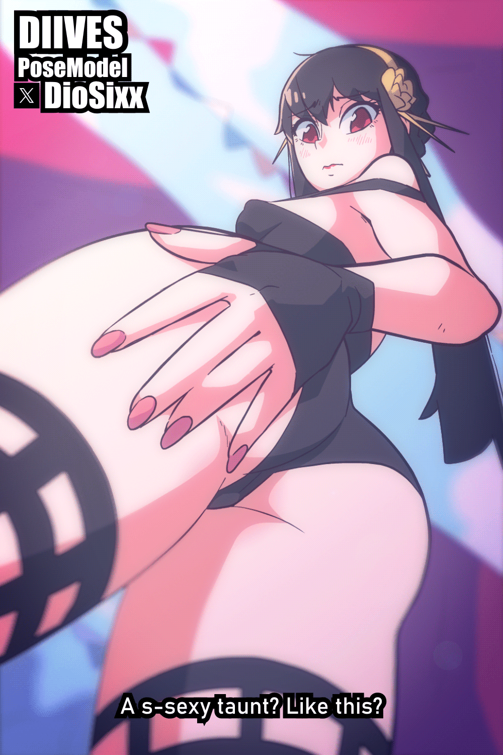 1girl animated animated_gif artist_name ass ass_focus black_gloves black_hair black_leotard blurry blurry_background blush breasts commentary covered_erect_nipples diives dress embarrassed english_commentary english_text from_below gloves hairband headband highres leotard long_hair looping_animation medium_breasts photo-referenced presenting presenting_ass red_eyes spread_ass spy spy_x_family strap_slip street_fighter street_fighter_6 subtitled uncensored yor_briar