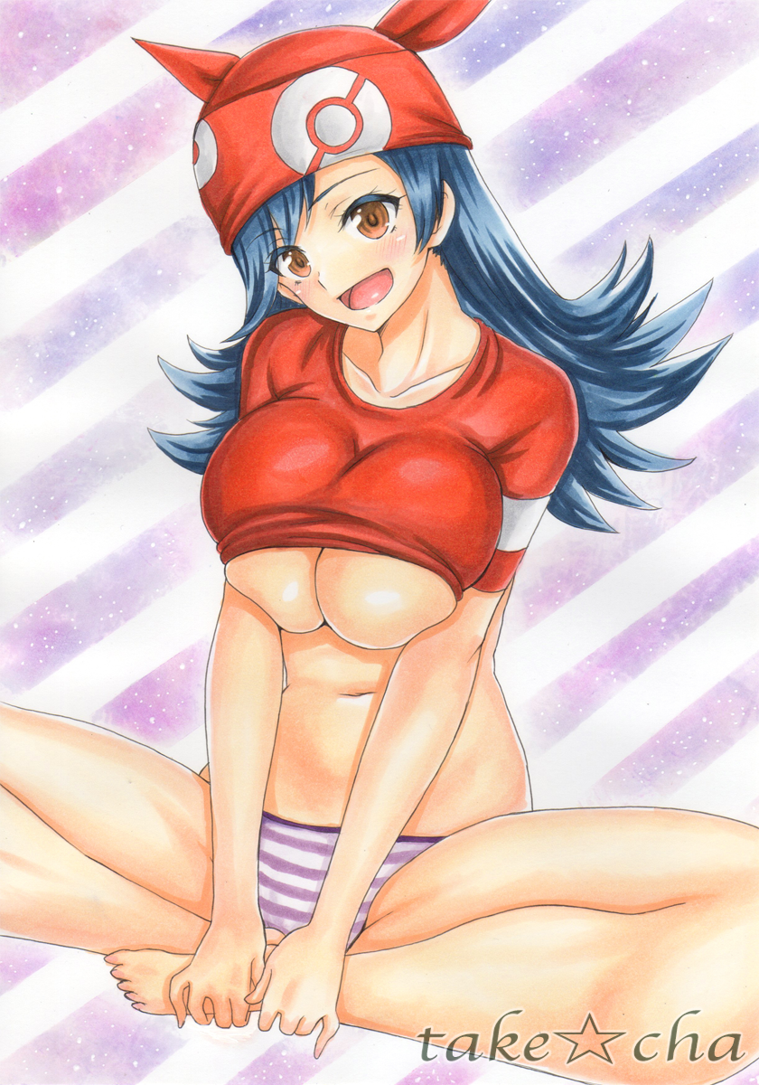 1girl artist_name bandana barefoot blue_hair breasts breasts_squeezed_together clothes_lift covering_crotch covering_privates crossed_legs highres large_breasts lisa_(pokemon) long_hair looking_at_viewer nintendo no_bra open_mouth panties pokemon pokemon_(anime) pokemon_(classic_anime) pokemon_3:_the_movie_-_spell_of_the_unown:_entei purple_trimmed_panties red_shirt shiny_skin shirt shirt_lift sitting striped_clothes striped_panties sweatdrop takecha thick_thighs thighs tight_clothes tight_shirt traditional_media trimmed_panties underwear watermark wide_hips