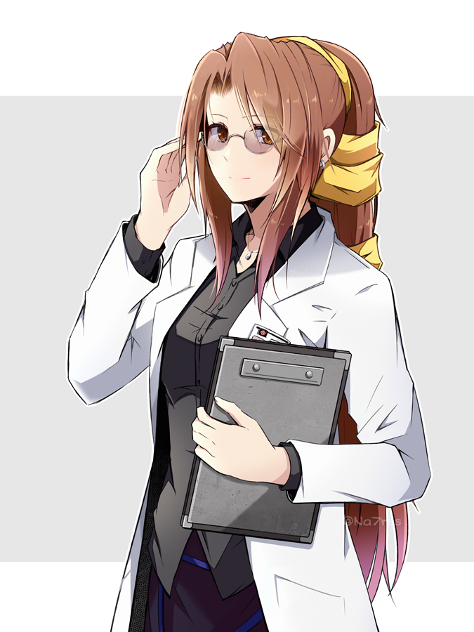 1girl adjusting_eyewear black_pants border breasts brown_eyes brown_hair clipboard closed_mouth collared_shirt cosplay cowboy_shot earrings final_fantasy final_fantasy_vii grey_background grey_shirt hair_ribbon holding holding_clipboard jacket jewelry lab_coat long_hair lucrecia_crescent medium_breasts nanao_(zonzonsh) necklace pants parted_bangs ponytail professor_houjou professor_houjou_(cosplay) ribbon shirt smile solo twitter_username white_border white_jacket yellow_ribbon