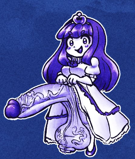 1futa blue_background blush_stickers clothes_lift dress dress_lift frilled_dress frills futanari gloves hime_cut huge_penis long_hair looking_at_viewer mamotte_knight open_mouth outline penis princess_lola puffy_short_sleeves puffy_sleeves purple_eyes purple_hair purple_heels short_sleeves smile solo testicles thatartistann tiara veins veiny_penis veiny_testicles white_dress white_gloves white_outline