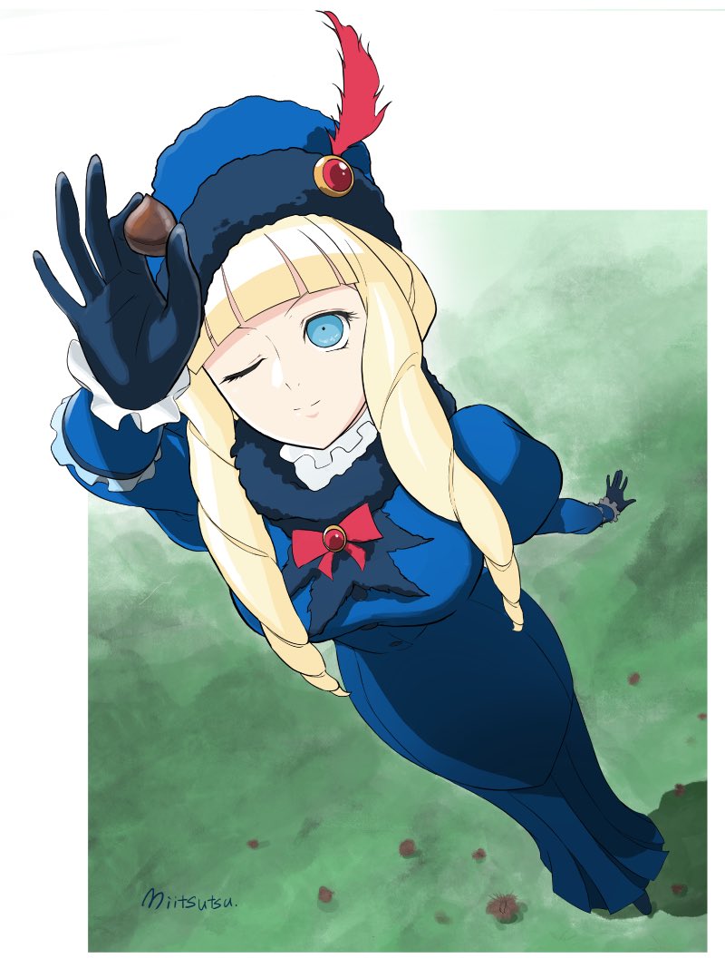 1girl acorn black_boots black_gloves blonde_hair blue_dress blue_eyes boots bow breasts brooch cosplay dianna_soreil dress drill_hair feathers frills gloves gundam hat hat_feather jewelry kihel_heim large_breasts mitsutsu322 one_eye_closed red_bow smile turn_a_gundam