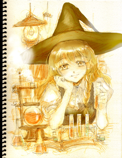 1girl bad_id bad_pixiv_id blonde_hair boiling book bookshelf braid chemicals chemistry chemistry_set collared_shirt erlenmeyer_flask female_focus flask hand_on_own_cheek hand_on_own_face hat keiko_(mitakarawa) kirisame_marisa lamp looking_at_viewer open_book photo_(medium) puffy_short_sleeves puffy_sleeves round-bottom_flask shirt short_sleeves single_braid sitting sketch smile solo steam table touhou vial witch_hat yellow_eyes