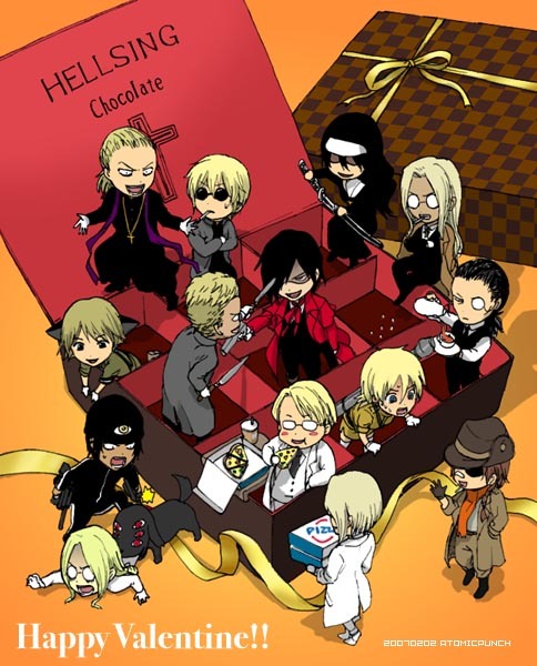 4girls 6+boys alexander_anderson alucard_(hellsing) animal_ears bandages baskerville beanie black_hair blade blonde_hair blush_stickers boots box brown_hair carrying cat_boy cat_ears chibi cigarette coat cross cross_necklace crossed_arms cup dog dog_ears dress_pants dress_shirt drink eating enrico_maxwell everyone extra_eyes eyepatch food formal_clothes gift glasses gloves gun hand_in_pocket hat heinkel_wolfe hellsing integra_hellsing jan_valentine jewelry katana knife lab_coat long_hair luke_valentine major_(hellsing) miniskirt monocle mouth_hold moyo_(inuchiyo) multiple_boys multiple_girls necklace necktie nun open_mouth overcoat pip_bernadotte pip_bernardotte pizza ponytail pouring priest red_coat scarf schroedinger_(hellsing) seras_victoria shirt short_hair skirt suit sunglasses sword takagi_yumie takaki_yumiko tea teacup trench_coat vampire vest walter walter_c._dornez weapon white_suit