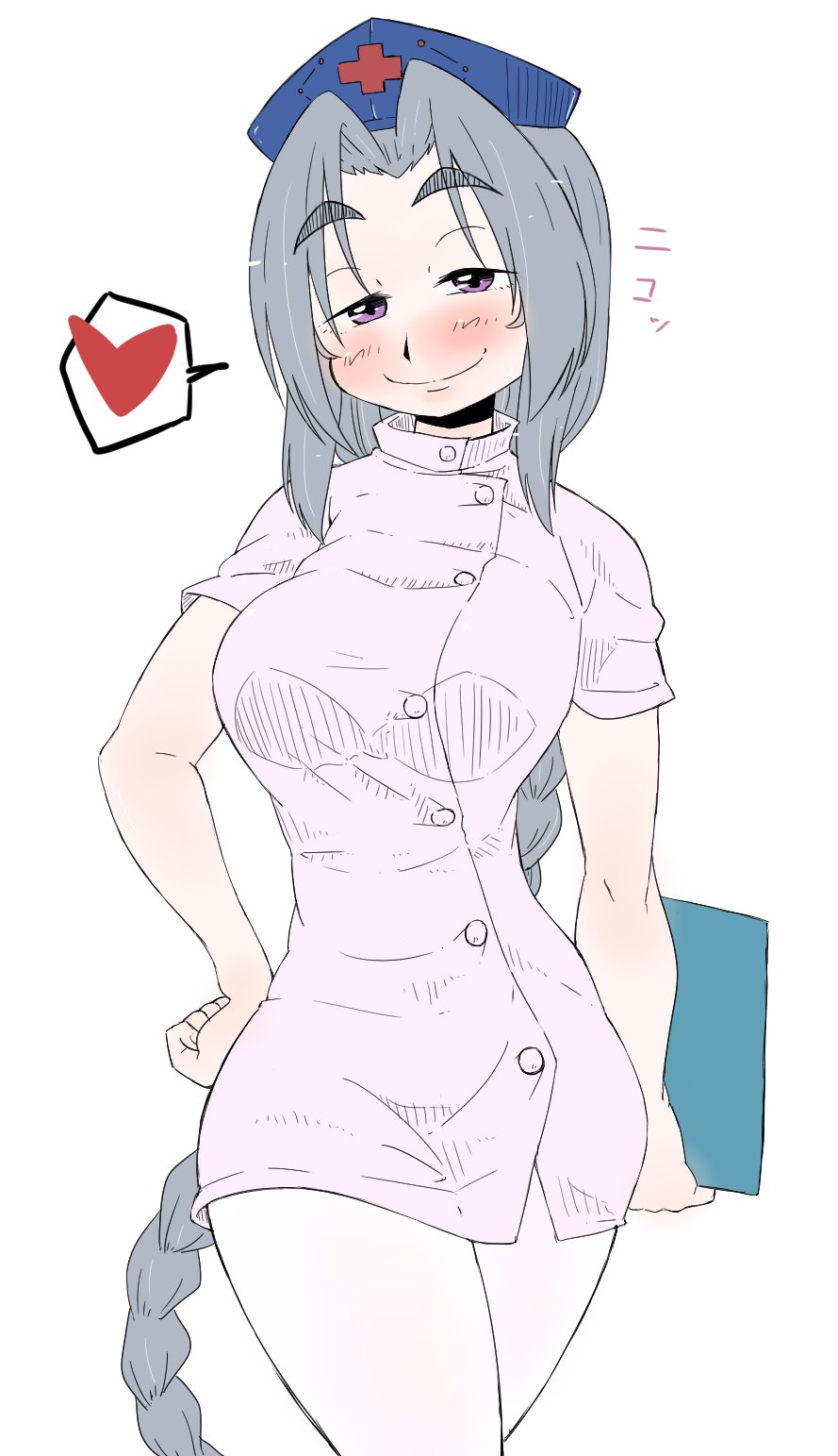 1girl blush cowboy_shot dress eyebrows female_focus hand_on_own_hip hat heart highres hip_focus long_hair nurse nurse_cap short_dress smile solo spoken_heart takeu thick_eyebrows touhou very_long_hair yagokoro_eirin