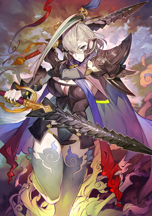 1girl arm_armor armor arms_across_body black_armor blue_cape boobplate breastplate breasts cape cleavage cleavage_cutout clothing_cutout crossed_bangs detached_sleeves dual_wielding dynamic_pose fate/grand_order fate_(series) flaming_foot foot_out_of_frame game_cg green_thighhighs grey_hair grey_leotard grey_sleeves hair_between_eyes hands_up highleg highleg_leotard holding holding_weapon huyan_zhuo_(fate) huyan_zhuo_(third_ascension)_(fate) large_breasts leg_up leotard long_hair long_sleeves looking_at_viewer multicolored_hair official_art parted_lips purple_eyes shoulder_armor sideboob solo strapless strapless_leotard streaked_hair thighhighs third-party_source toridamono variant_set weapon
