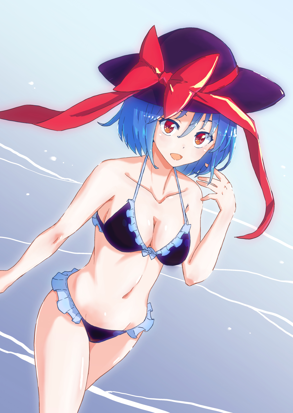 1girl bikini black_bikini black_hat blue_hair bow breasts cleavage collarbone commentary dutch_angle frilled_bikini frills gradient_background grey_background hat hat_bow highres jack_(wkm74959) looking_at_viewer medium_breasts nagae_iku navel one-hour_drawing_challenge open_mouth red_bow red_eyes short_hair solo swimsuit touhou