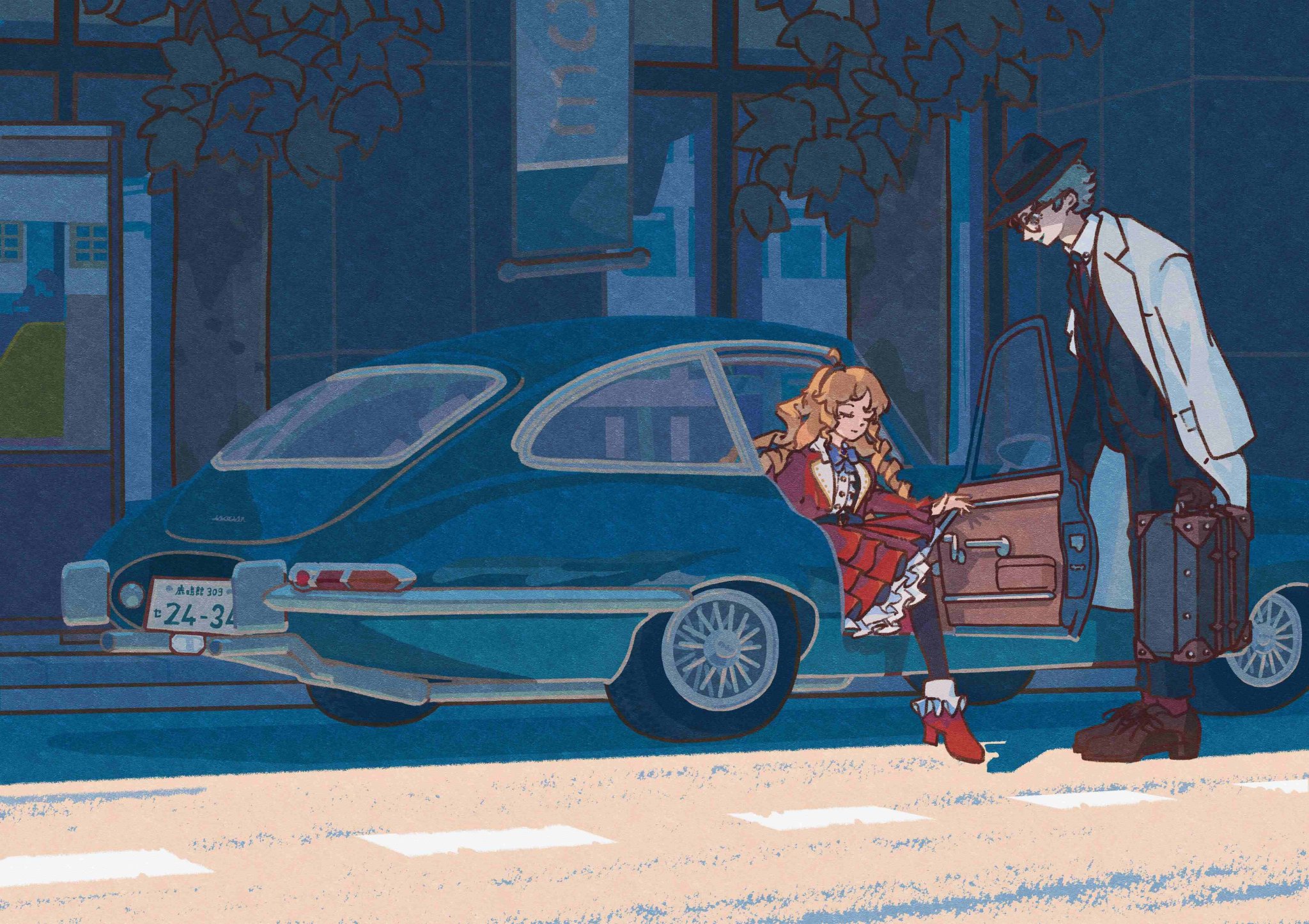 1boy 1girl blue_bow blue_bowtie bow bowtie car dress drill_hair drill_sidelocks formal_clothes glasses high_heels highres joe_rikiichi leaf license_plate motor_vehicle nijisanji opening_door outdoors red_dress road rokumeikan_kiriko sidelocks srimerimer718 street suit suitcase virtual_youtuber wheel window
