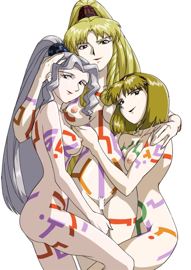 1990s_(style) 3girls blonde_hair breasts closed_eyes langerhans_2016 long_hair lunar lunar:_the_silver_star multiple_girls official_style phacia pointy_ears retro_artstyle royce xenobia