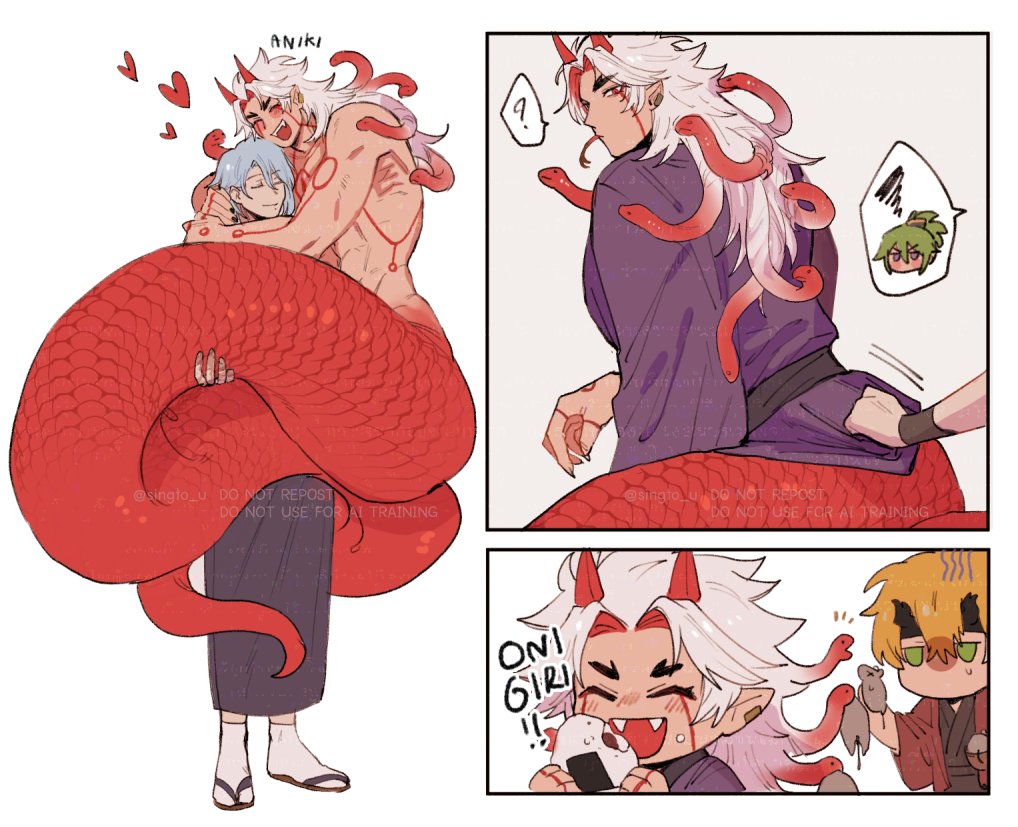 1girl 3boys :d ? ^_^ animal arataki_itto artist_name black_kimono black_sash blonde_hair blue_hair blush bodypaint carrying chibi closed_eyes closed_mouth commentary_request eating english_text fake_horns fangs food forked_tongue genshin_impact green_eyes green_hair hair_between_eyes hands_up haori headband heart high_ponytail holding holding_animal holding_food horned_headwear horns hug japanese_clothes kamisato_ayato kimono kuki_shinobu lamia_boy long_hair long_sleeves looking_at_viewer looking_back male_focus mole mole_under_mouth monster_boy mouse_(animal) multicolored_hair multiple_boys obi onigiri open_clothes open_mouth parted_bangs pointy_ears ponytail purple_kimono red_eyes red_hair red_haori red_horns sandals sash short_hair simple_background singtou smile snake_hair socks speech_bubble spoken_character spoken_question_mark squiggle standing streaked_hair sweatdrop tabi teeth thai_commentary thick_eyebrows thoma_(genshin_impact) tongue tongue_out topless_male twitter_username u_u upper_teeth_only v-shaped_eyebrows watermark white_background white_hair white_socks wide_sleeves zouri