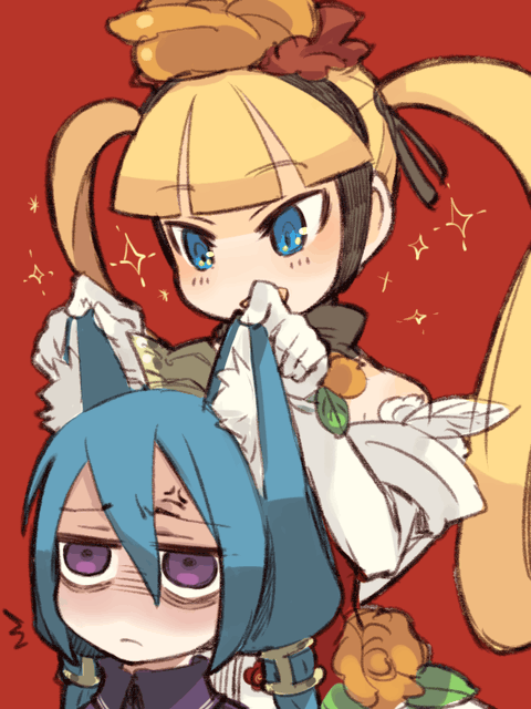 2girls 7th_dragon 7th_dragon_(series) animal_ears annoyed blue_hair fox_ears momomeno_(7th_dragon) mota multiple_girls princess_(7th_dragon) sora_(7th_dragon) twintails
