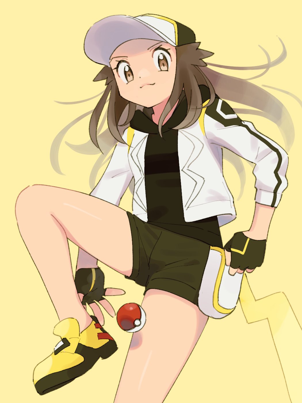 1girl adapted_costume baseball_cap black_gloves brown_eyes brown_hair clenched_hand cosplay fingerless_gloves gloves hat highres leaf_(pokemon) looking_at_viewer nintendo official_alternate_costume poke_ball poke_ball_(basic) pokemon pokemon_masters_ex pumpkinpan red_(pokemon) red_(pokemon)_(cosplay) red_(sygna_suit)_(thunderbolt)_(pokemon) shoes shorts simple_background solo standing standing_on_one_leg yellow_background yellow_shoes