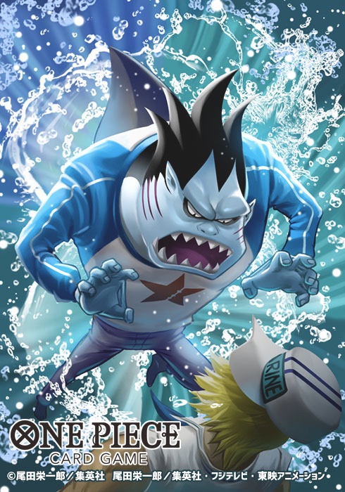 2boys back black_hair blonde_hair blue_neckerchief blue_skin colored_skin commentary_request copyright_name fish_boy hat marine_(one_piece) multiple_boys namur_(one_piece) neckerchief official_art one_piece one_piece_card_game open_mouth shark_boy sharp_teeth shirt short_hair sleeveless sleeveless_shirt star_(symbol) star_print teeth tsutsui_misa water