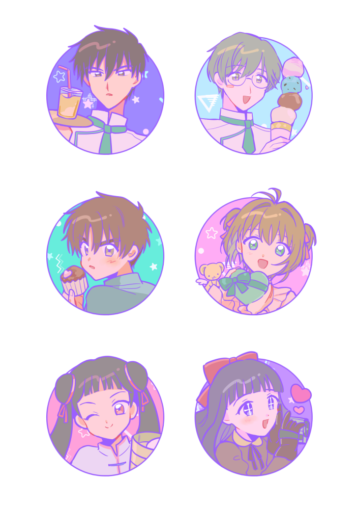 3boys 3girls blush_stickers brother_and_sister brown_hair cardcaptor_sakura child circle cupcake daidouji_tomoyo food heart ice_cream kero_(cardcaptor_sakura) kinomoto_sakura kinomoto_touya kumasaki li_meiling li_syaoran multiple_boys multiple_girls one_eye_closed siblings smile tsukishiro_yukito video_camera