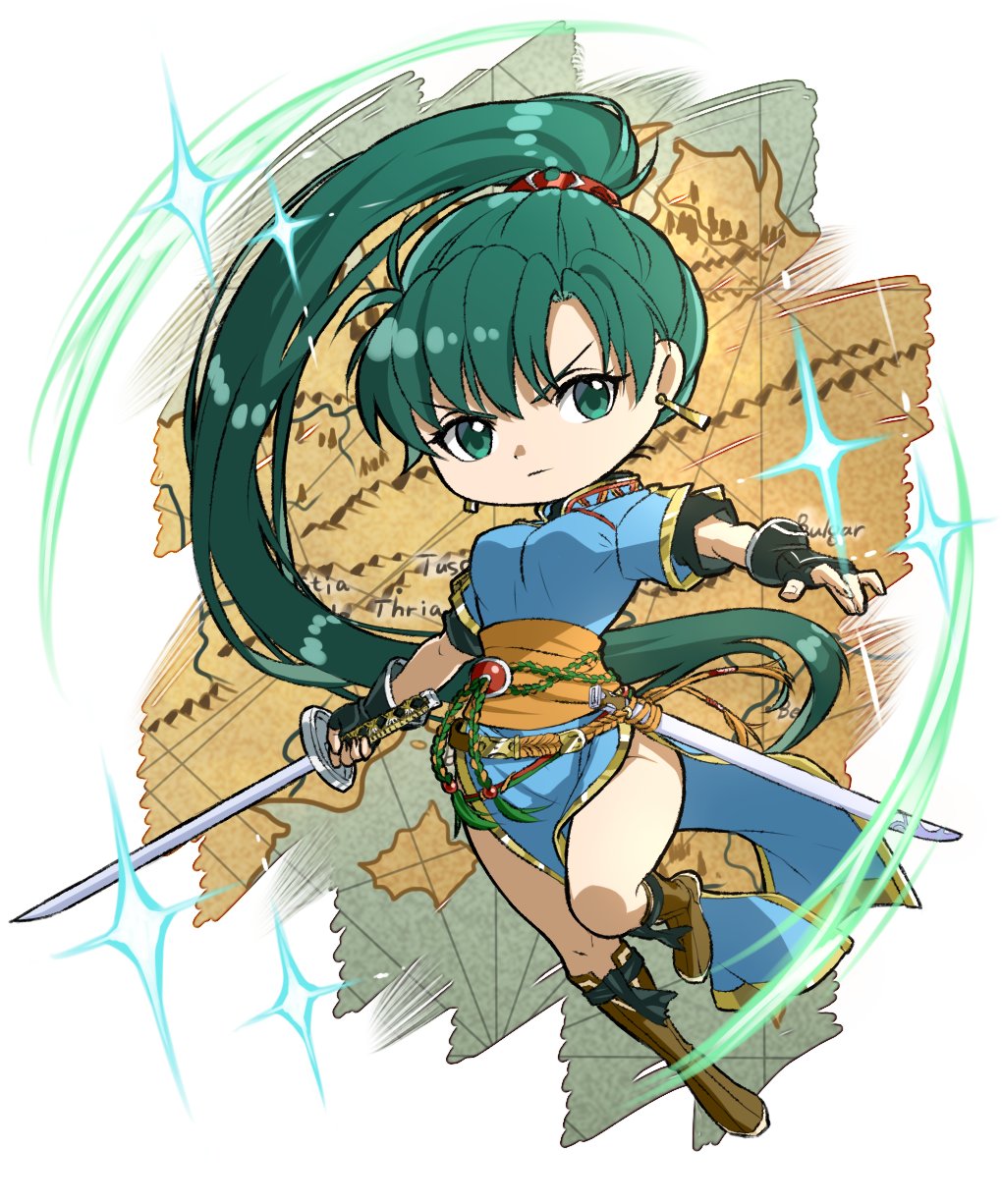 1girl black_gloves blue_dress breasts brown_footwear closed_mouth delsaber dress earrings fingerless_gloves fire_emblem fire_emblem:_the_blazing_blade full_body gloves green_eyes green_hair highres holding holding_sword holding_weapon jewelry long_hair looking_at_viewer lyn_(fire_emblem) map map_background medium_breasts nintendo ponytail sheath short_sleeves solo sword thighs very_long_hair weapon