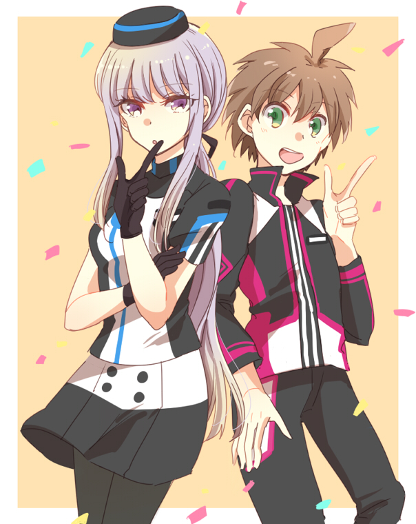 1boy 1girl ahoge alternate_costume black_gloves black_hat black_pants brown_hair danganronpa:_trigger_happy_havoc danganronpa_(series) gloves green_eyes hat kirigiri_kyoko long_hair long_sleeves naegi_makoto open_mouth pants purple_eyes purple_hair shirt short_hair short_sleeves sidelocks skirt zawameki