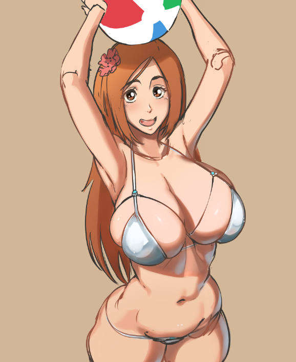 1girl arms_up ball beachball bikini bleach bleach:_sennen_kessen-hen breasts brown_eyes castell cleavage commentary english_commentary flower hair_flower hair_ornament holding holding_ball holding_beachball huge_breasts inoue_orihime large_breasts long_hair looking_at_viewer navel official_alternate_costume open_mouth silver_bikini simple_background sketch smile solo swimsuit