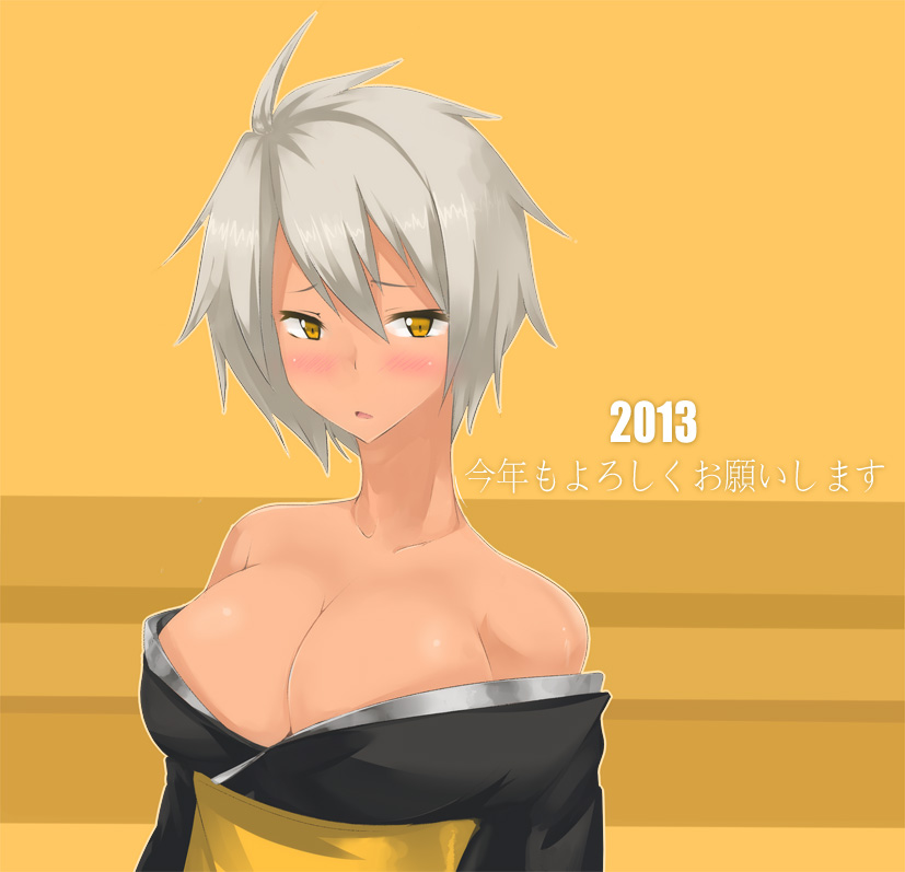 10s 1girl 2013 arc_system_works art_is_de4d blazblue blazblue:_chronophantasma blush breasts bullet_(blazblue) cleavage dark-skinned_female dark_skin female_focus guruguru_mawaru japanese_clothes kimono large_breasts new_year obi off_shoulder sash scar short_hair silver_hair solo translation_request yellow_eyes