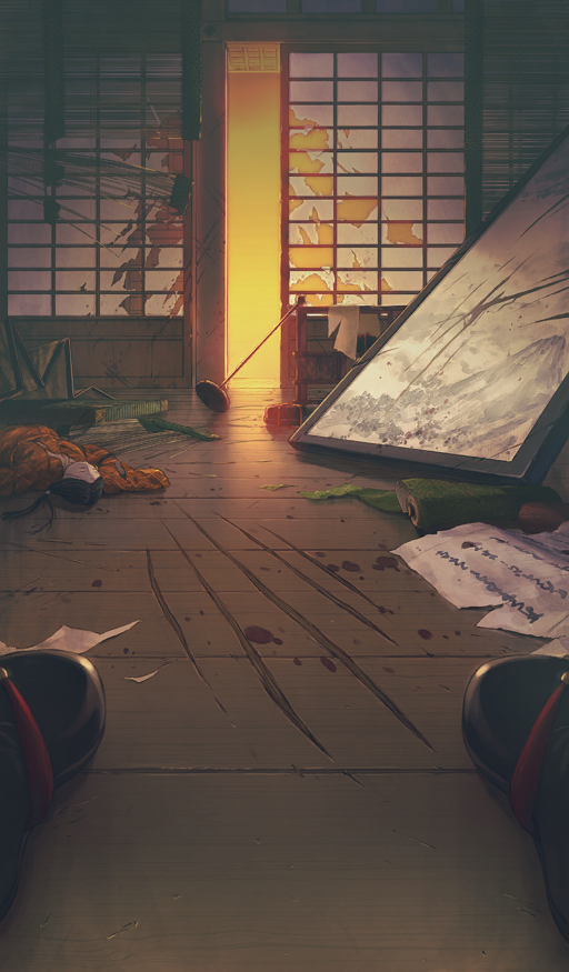 1boy 1girl ambiguous_red_liquid broken brown_theme claw_mark commentary damaged faceless faceless_female fate/grand_order fate_(series) indoors lying moryo official_art on_back scratches shoes shouji sliding_doors splatter third-party_source torn watanabe_no_tsuna_(fate)