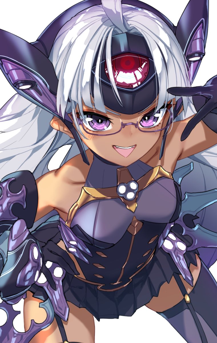 1girl android bare_shoulders blue_eyes breasts chest_jewel dark-skinned_female dark_skin elbow_gloves forehead_protector glasses gloves highres long_hair looking_at_viewer silver_hair simple_background smile solo t-elos t-elos_re: thighhighs thupoppo xenoblade_chronicles_(series) xenoblade_chronicles_2 xenosaga xenosaga_episode_iii