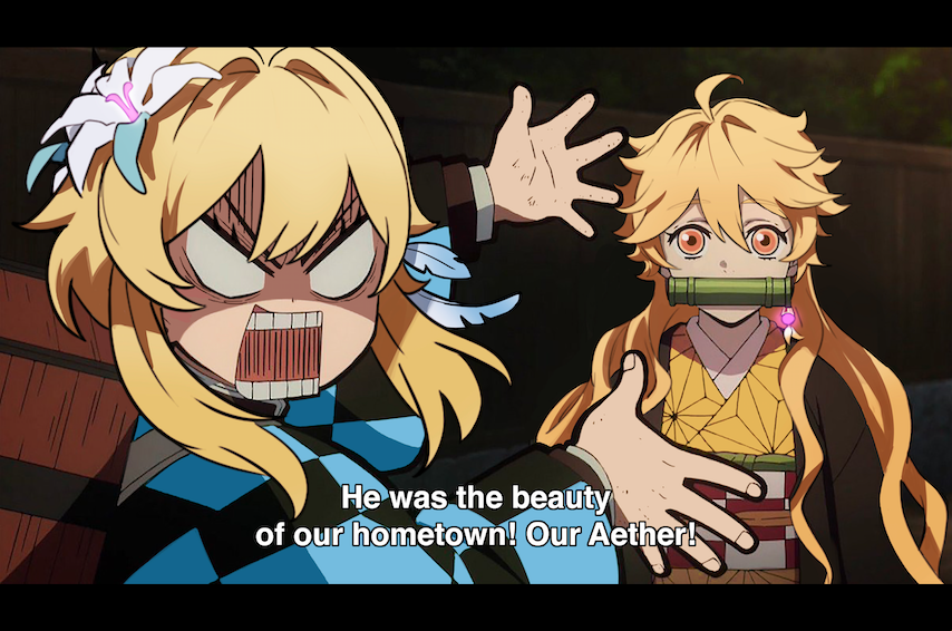 1boy 1girl aether_(genshin_impact) ahoge bag bamboo blonde_hair brother_and_sister checkered_clothes checkered_kimono checkered_sash cosplay earrings english_text flower genshin_impact glaring hair_flower hair_ornament japanese_clothes jewelry kamado_nezuko kamado_nezuko_(cosplay) kamado_tanjirou kamado_tanjirou_(cosplay) kimetsu_no_yaiba kimono long_hair long_sleeves looking_at_viewer lumine_(genshin_impact) lyoo_(gajyago) open_clothes open_mouth parody presenting short_hair siblings sidelocks single_earring teeth yellow_eyes