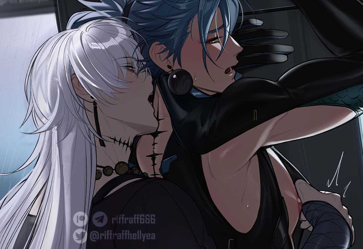 2boys arm_around_back arm_up armpits arms_up bead_necklace beads black_bridal_gauntlets black_shirt blue_hair bridal_gauntlets clothing_cutout earrings eyeliner geshu_lin_(wuthering_waves) hair_between_eyes jewelry jiyan_(wuthering_waves) long_hair long_sleeves looking_back lower_teeth_only makeup male_focus multiple_boys necklace nipple_stimulation open_mouth patreon_logo patreon_username piercing ponytail red_eyeliner riffraffhellyea shirt tacet_mark_(wuthering_waves) tassel tassel_earrings teeth twitter_logo twitter_username upper_body wuthering_waves yaoi yellow_eyes