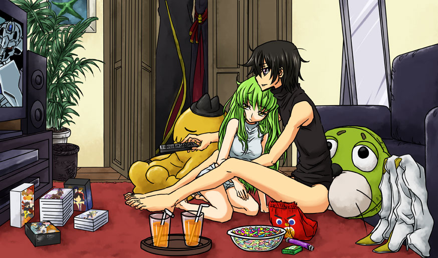 00s 1boy 1girl ahoge bag black_hair c.c. cheese-kun closet code_geass controller cushion dann_of_thursday drinking_straw dvd_case eyebrows feet food green_hair gunxsword high_heels juice kazuma_(scryed) lelouch_vi_britannia lingerie long_hair mirror nico_(hero300) no_pants orange_juice plant purple_eyes remote_control scryed shoes speaker television underwear yellow_eyes yuuta_kanami zero_(code_geass)