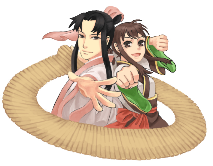 a-liver aliverura bamboo_slips black_eyes black_hair chinese_clothes clenched_hands couple girdle husband_and_wife long_hair looking_at_viewer open_mouth simple_background smile white_background xuan-yuan_sword