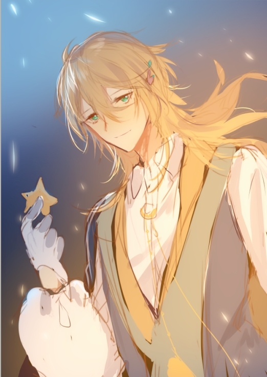1boy alkaid_mcgrath alkaid_mcgrath_(godheim) black_background black_cape blonde_hair blue_background cape chinese_commentary closed_mouth collared_shirt ear_covers gloves gradient_background green_eyes grey_vest hair_between_eyes hand_up holding holding_star lapels light_particles long_hair long_sleeves looking_at_viewer lovebrush_chronicles male_focus nash5 puffy_long_sleeves puffy_sleeves shawl_lapels shirt side_cape sideways_glance single_ear_cover smile solo star_(symbol) upper_body vest white_gloves white_shirt