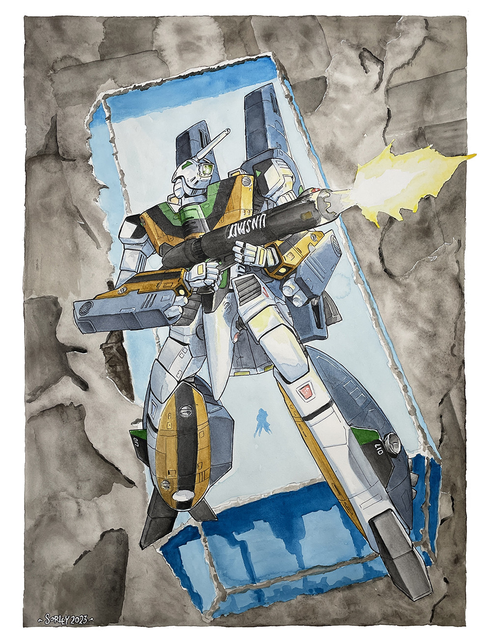 1980s_(style) 1boy 1girl 2023 battle battroid couple dated energy_cannon fake_screenshot firing gunpod highres hug ichijou_hikaru jeff_sorley laser_cannon lynn_minmay macross macross:_do_you_remember_love? mecha missile missile_pod oldschool painting_(medium) retro_artstyle robot roundel scan science_fiction sdf-1 shadow signature space spacecraft spoilers traditional_media u.n._spacy vf-1 vf-1_super vf-1a watercolor_(medium) when_you_see_it window zero_gravity