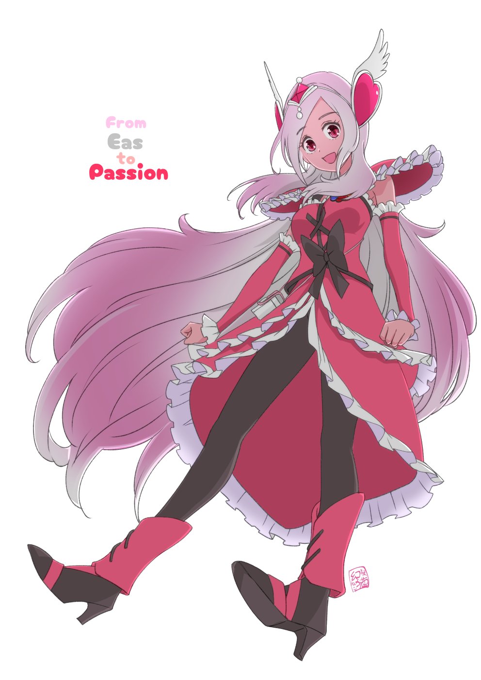 1girl breasts choker cure_passion eas_(fresh_precure!) english_text fresh_precure! full_body hair_ornament higashi_setsuna highres long_hair maboroshineko precure red_eyes small_breasts