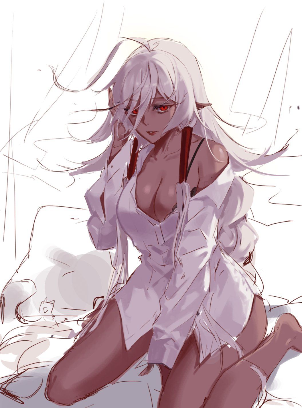 ahoge bare_legs black_skin braid breasts buckle chain cleavage collarbone colored_skin curtains dungeon_and_fighter highres large_breasts long_hair looking_at_viewer off_shoulder on_bed parted_lips pillow pointy_ears red_eyes red_lips shadow_dancer_(dungeon_and_fighter) shiny_skin shirt sitting sleepwear thief_(dungeon_and_fighter) twin_braids underwear very_long_hair wariza white_background white_hair white_shirt