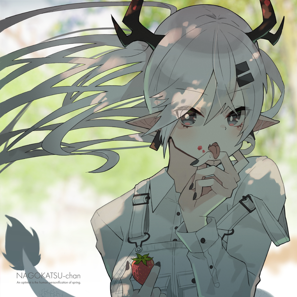 1girl black_eyes blurry blurry_background bright_pupils collared_shirt earclip floating_hair food fruit grey_hair hair_ornament hairclip holding holding_food horns katsu_(katsupainter) long_hair long_sleeves looking_at_viewer original pointy_ears sarusawa_ikue shade shirt solo spring_(season) strawberry tongue tongue_out upper_body white_pupils white_shirt
