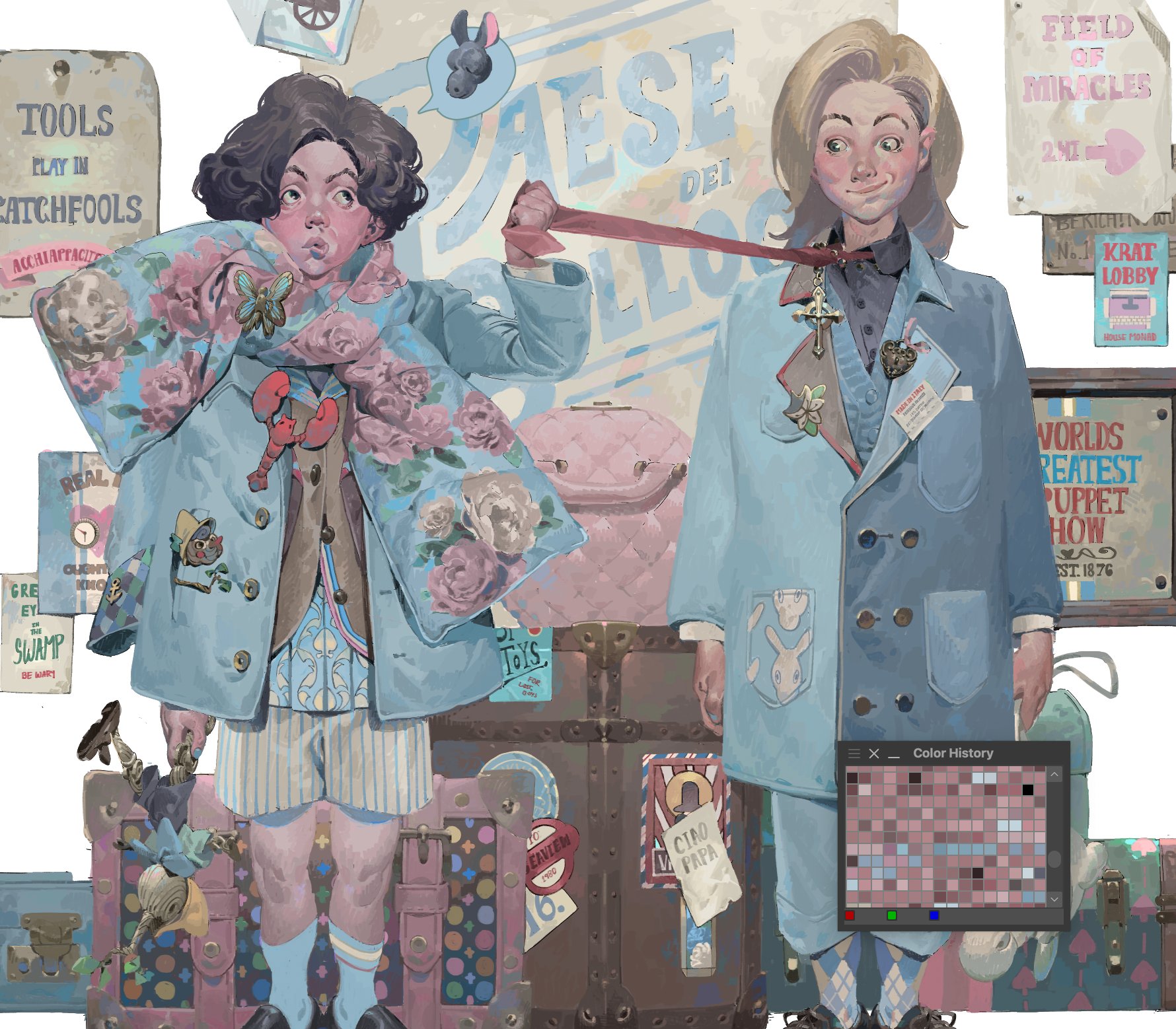 1girl 1other argyle_clothes argyle_socks arm_at_side arms_at_sides bag black_footwear blonde_hair blue_coat blue_nails blue_pants blue_shirt blue_socks box breast_pocket brown_hair buttons closed_mouth clothes_grab coat collared_shirt cross curtained_hair feet_out_of_frame figure floral_print flower foreshortening fortisselle grey_shorts hand_up highres holding holding_toy image_in_speech_bubble lapels layered_clothes lobster long_sleeves looking_to_the_side medium_hair nail_polish necktie necktie_grab neckwear_grab open_clothes open_coat original painterly pants parted_lips pin pink_bag pink_flower pink_rose pinstripe_shorts pocket poster_(object) print_scarf print_shirt red_necktie rose rose_print scarf shirt shoes short_hair shorts side-by-side side_part sideways_glance smile socks standing straight-on suitcase toy unworn_bag white_background white_flower white_rose wing_collar