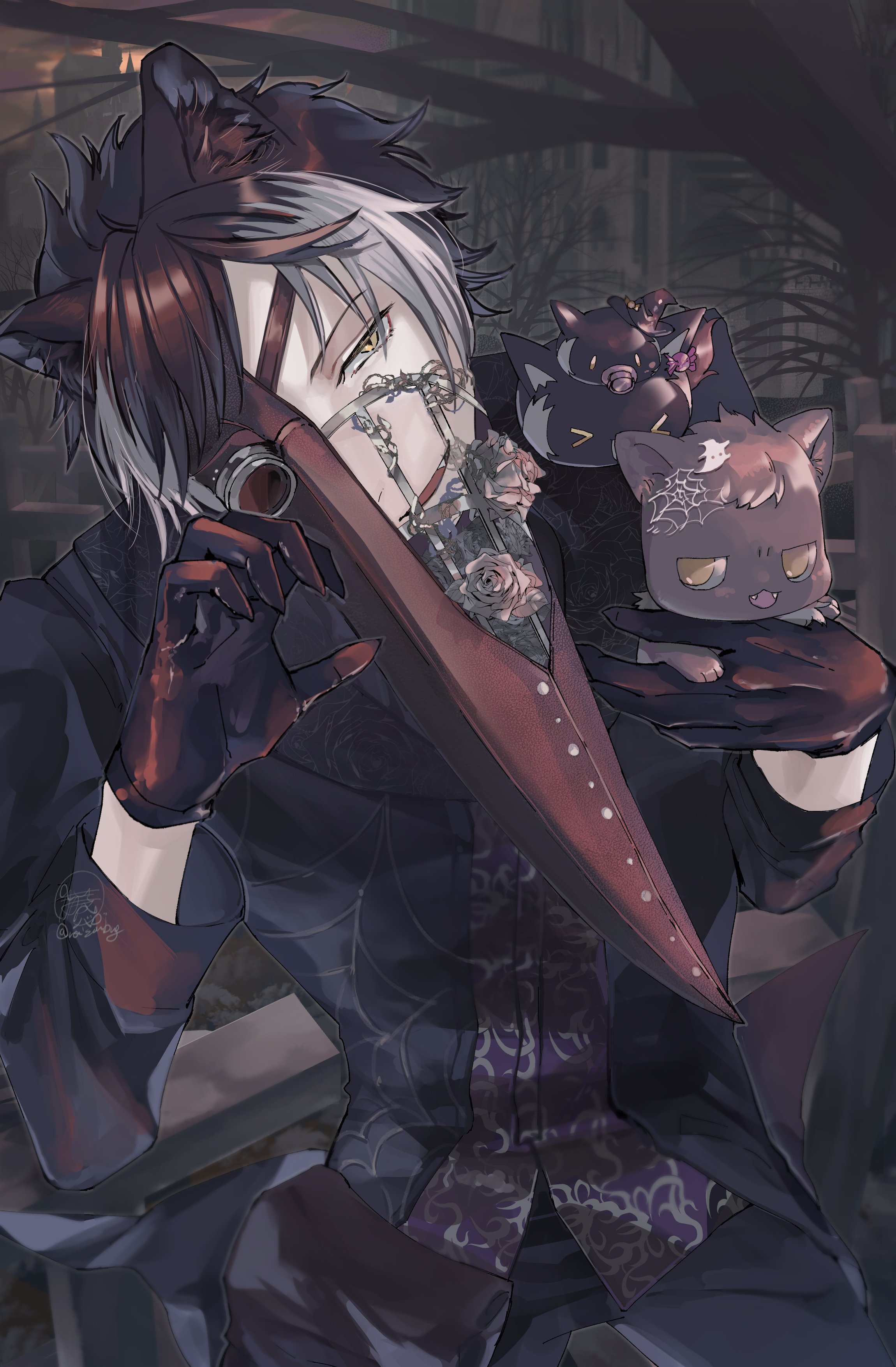 1boy absurdres alternate_costume animal animal_ears animal_on_shoulder bare_tree bird_mask black_coat black_gloves black_hair black_pants castle cat claw_pose coat cowboy_shot cross fang flower gloves graveyard grey_cat grey_flower grey_rose halloween_costume head_tilt highres holding holding_animal holostars jackal_boy jackal_ears kageyama_shien koyama_(kageyama_shien) lapels looking_at_viewer male_focus mask multicolored_hair naizou_bug nakayama_(kageyama_shien) nekoyama_shien pants parted_lips patterned_clothing pouch purple_vest rose shawl_lapels short_hair smile solo spider_web_print sunset swept_bangs thigh_pouch tree two-tone_hair vest virtual_youtuber white_hair yellow_eyes