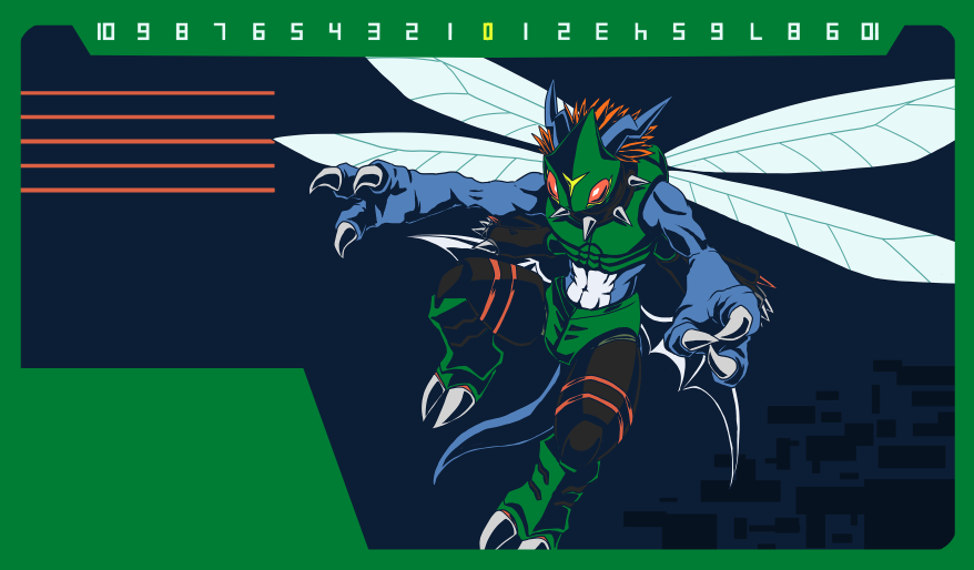 armor blue_background border bug digimon digimon_(creature) digimon_card_game dinobeemon full_body green_armor green_border insect_wings no_humans shiki_digi simple_background solo wings