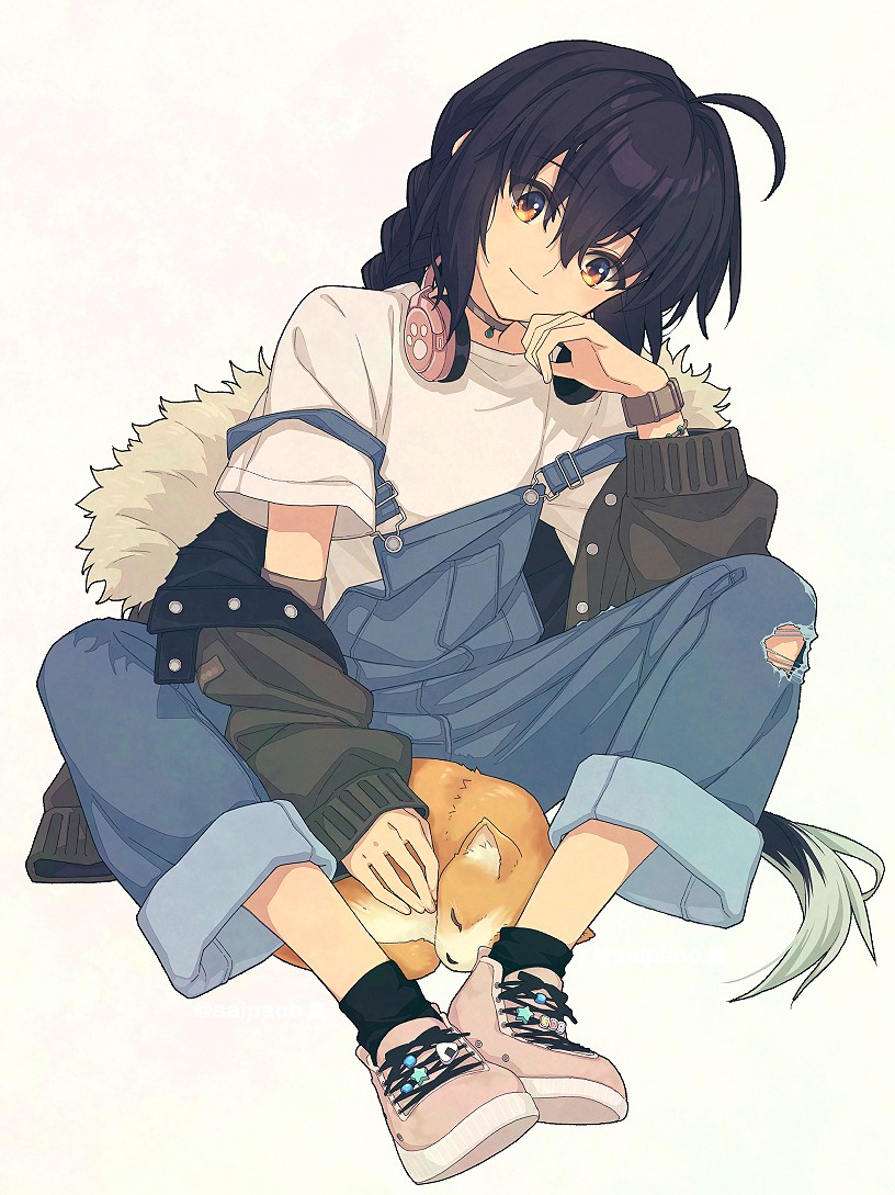 1other ahoge androgynous black_hair bracelet braid brown_eyes cat contemporary denim_overalls fate/samurai_remnant fate_(series) fur-trimmed_jacket fur_trim headphones headphones_around_neck jacket jewelry long_hair other_focus saipaco shirt sitting sleeping_animal smile white_shirt yamato_takeru_(fate)