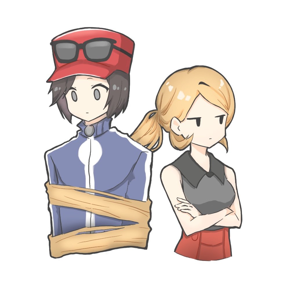 absurdly_long_hair black_hair black_shirt blue_jacket brown_hair calem_(pokemon) closed_mouth crossed_arms dopu_(doremipurin) dot_mouth entangled eyewear_on_head eyewear_on_headwear grey_eyes hat jacket long_hair nintendo pokemon pokemon_xy ponytail red_hat red_skirt serena_(pokemon) shirt skirt swept_bangs very_long_hair