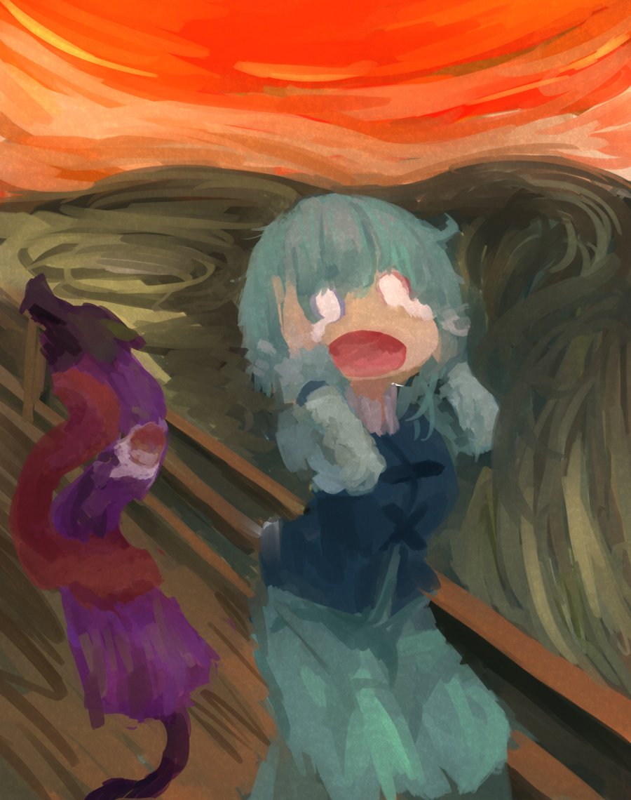 1girl blue_hair blue_skirt blue_vest commentary_request crying fine_art_parody garakuraku heterochromia karakasa_obake o_o open_mouth parody purple_umbrella short_hair skirt solo tatara_kogasa the_scream touhou umbrella vest