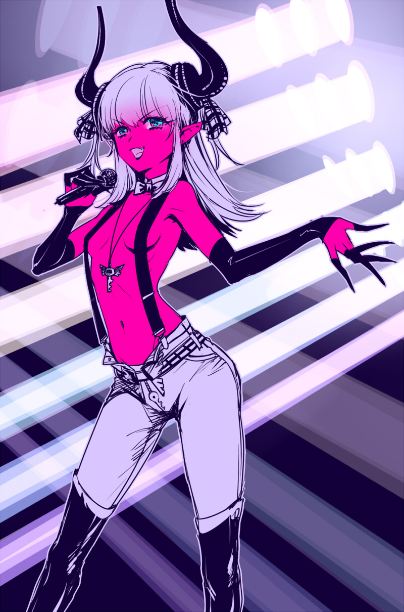 1girl bad_id bad_pixiv_id blue_eyes changye colored_skin elizabeth_bathory_(fate) elizabeth_bathory_(fate/extra) fate/extra fate/extra_ccc fate/grand_order fate_(series) highres horns jewelry key key_necklace light_purple_hair long_hair microphone necklace pink_skin pointy_ears solo stage strobe_lights suspenders topless_female